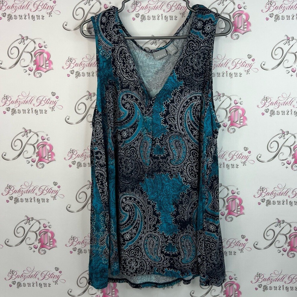 Kenar tank top floral style blue white Teal and Black Paisley Top stretchy
